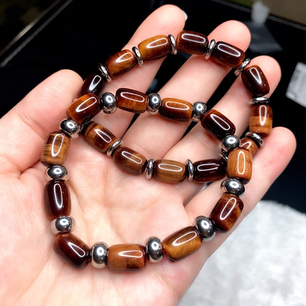 Tiger Eye Brown Barrel Beads w/Titanium spacer charms stretchy bracelet (2pcs)